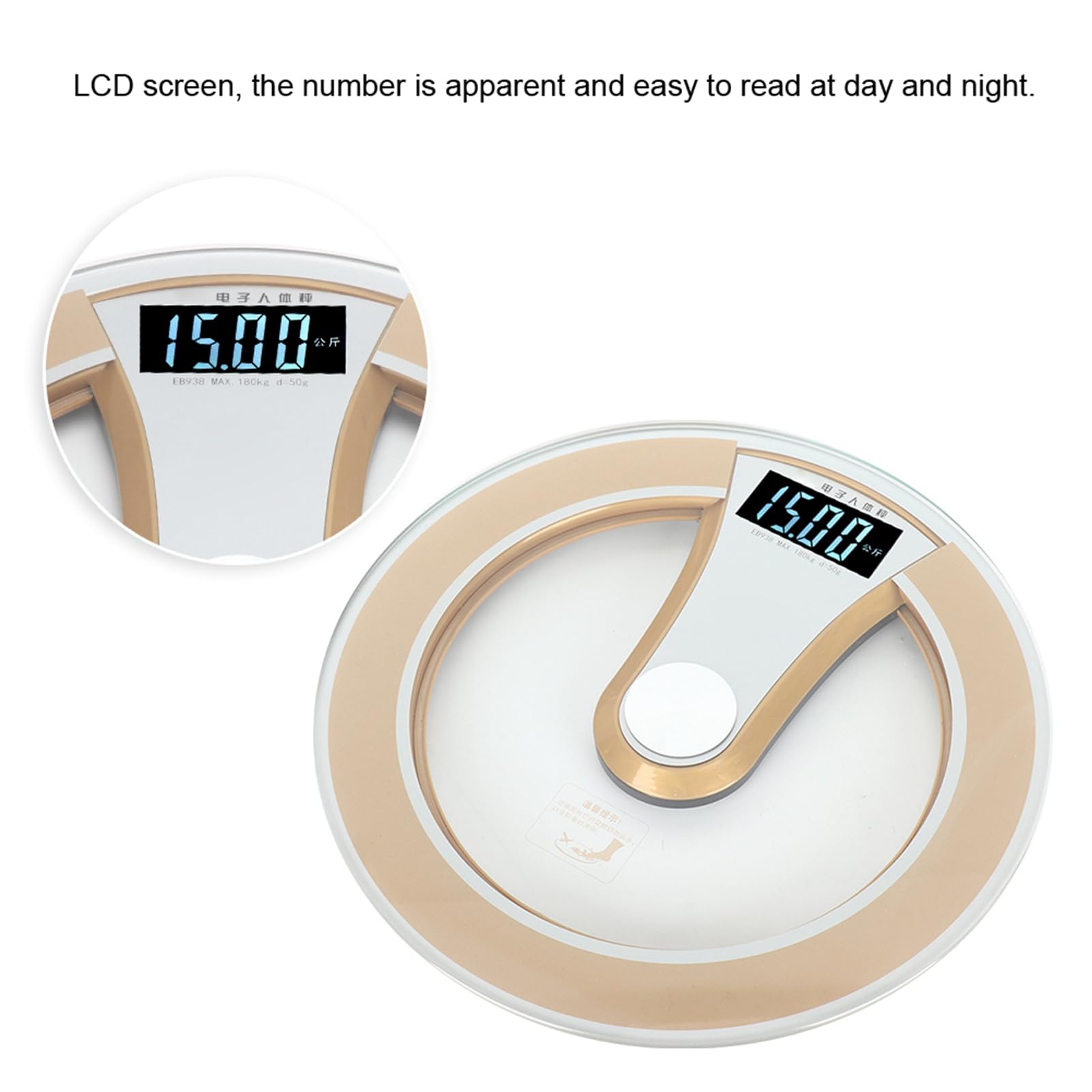 Pongnas Báscula Eléctrica Redonda Inteligente Digital con Pantalla LCD para el Cuerpo, Báscula de Alta Precisión para Gimnasio en Casa, Baño, Vidrio Templado, Dorado, Negro, 330x330x33mm (GOLD)