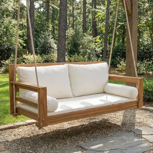Merax Schaukel-Doppelsitz aus Akazienholz Hängeschaukel für Garten mit abnehmbaren & waschbaren Kissen inkl. Armlehnenkissen & 2 Aufhängeseilen Massivholz Beige