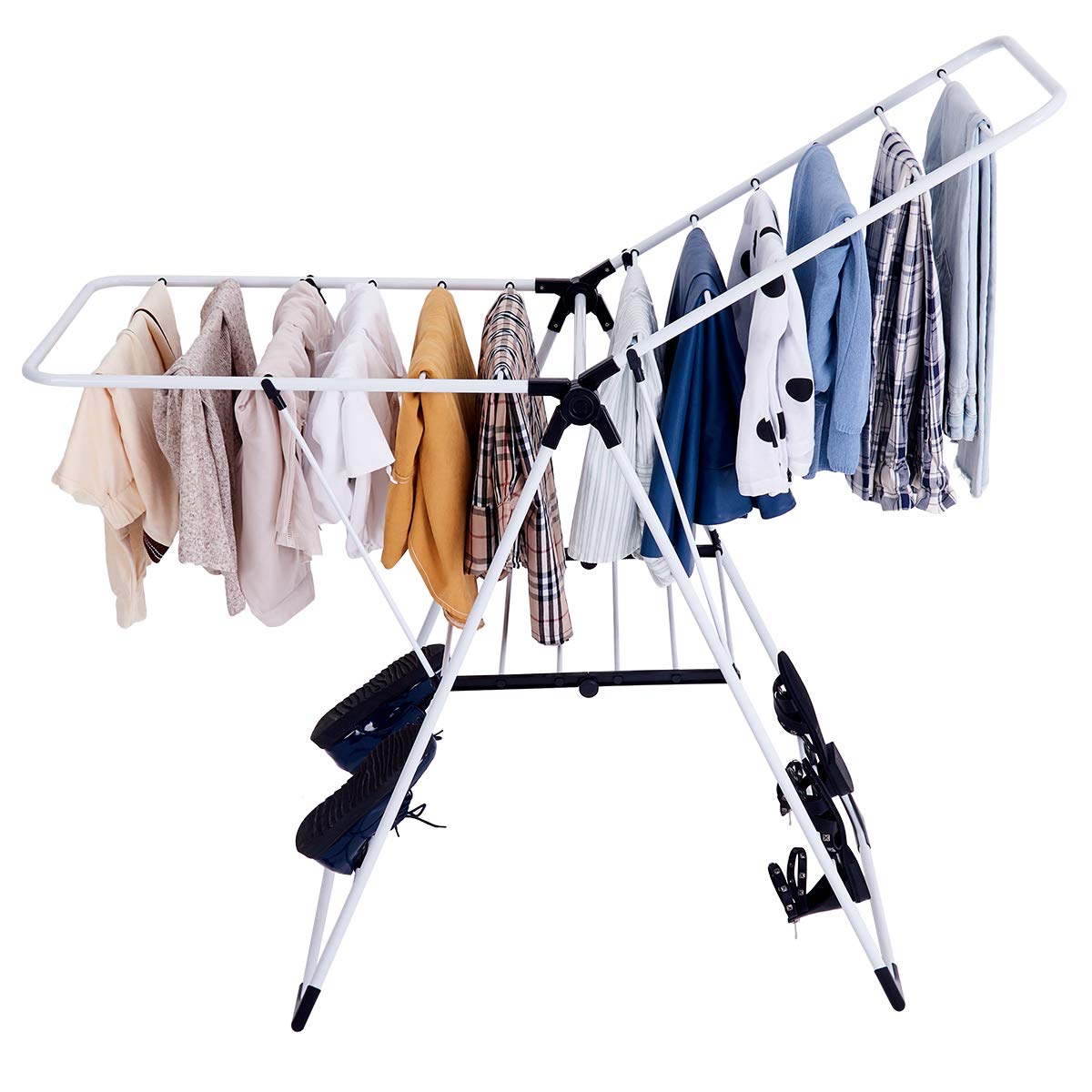 Casart Sturdy Steel Clothes Drying Rack, Space-Saving Adjustable & Foldable Drying Rack with Shoe Holder & 2 Shelves