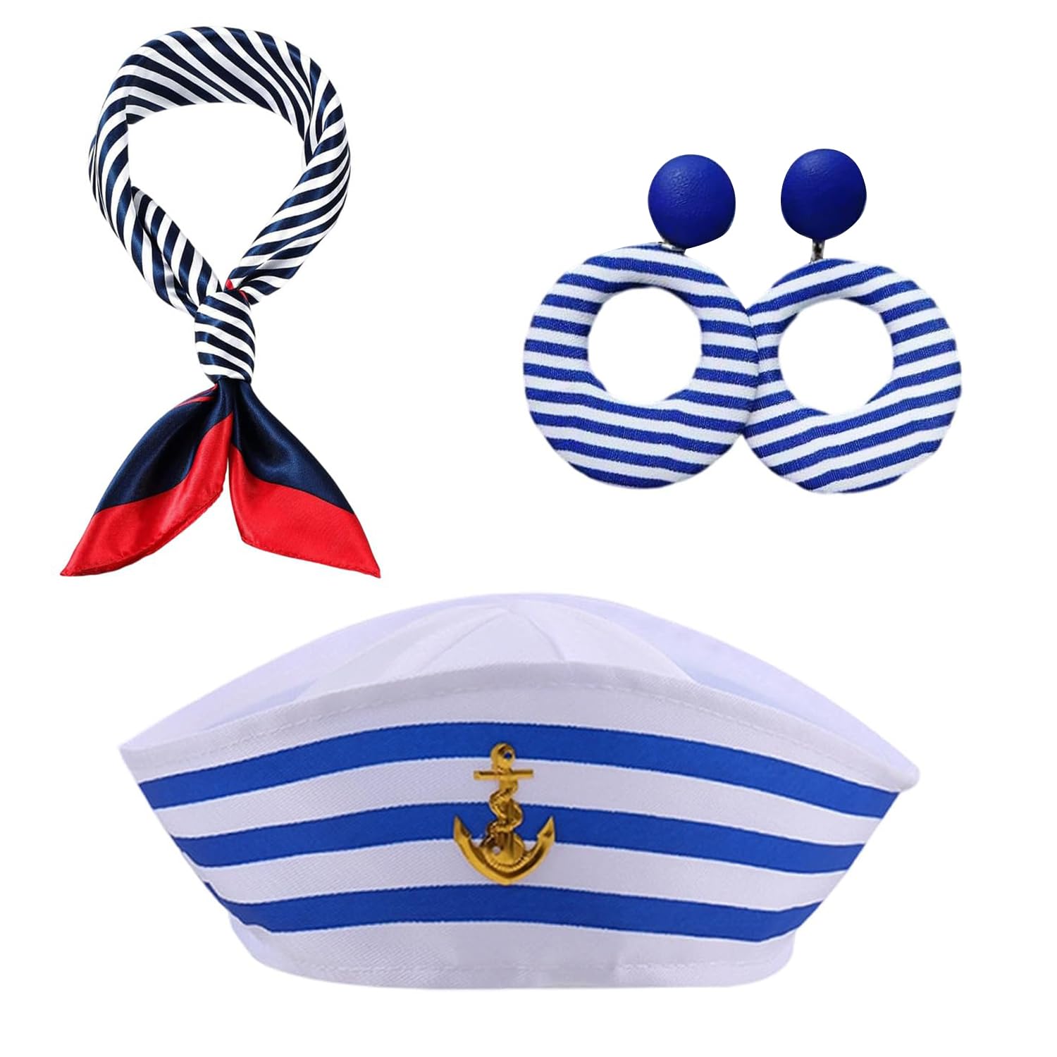 VNIDJGB 3 Pcs Nautical Fancy Fress,Striped Nautical Sailor Outfit Woman,Blue and White Sailors Hat Scarf Costume Accessory,Outfit Navy Dressing for Cosplay,Halloween Cosplay,Stage Performance
