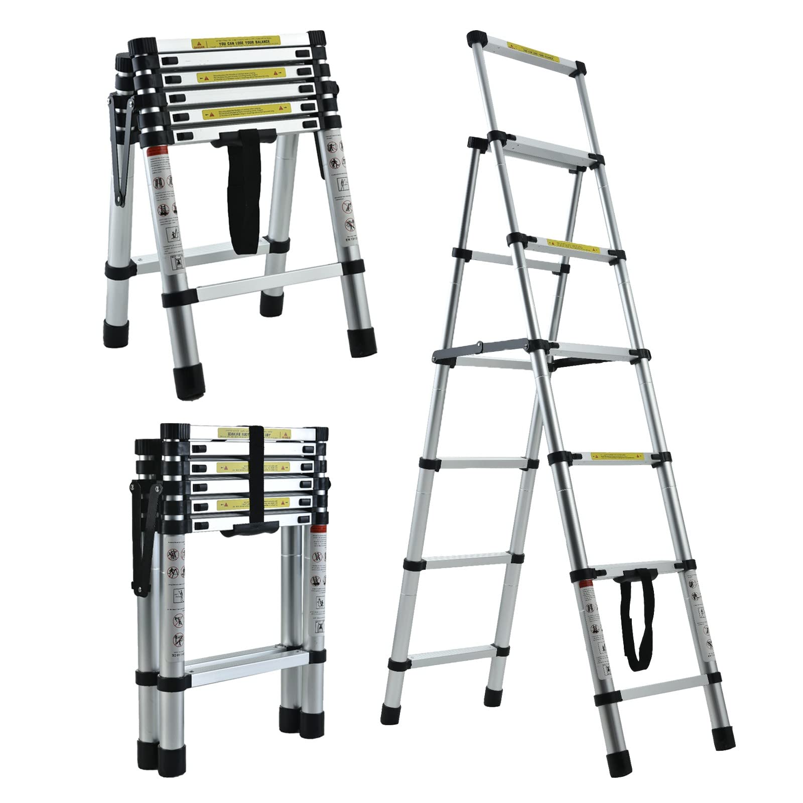 5.5FT Aluminum Telescopic Folding Step Ladder 330lb Max Load Wearable Telescoping Extension Collapsible Ladder with Handrails and Safety Lock Lightweight Easy to Use for Household Daily Hobbies Repair