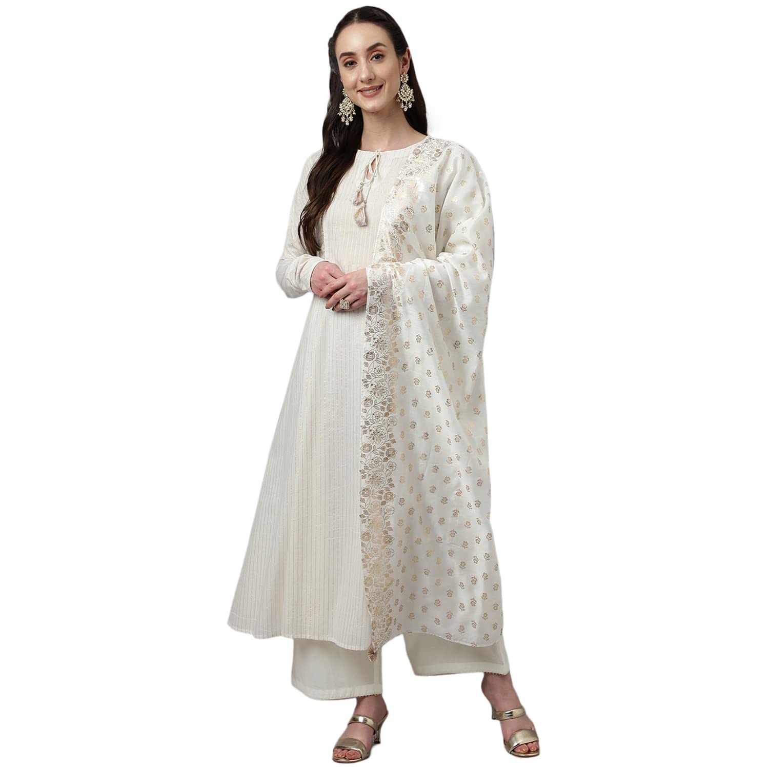 fiorra Women's Off White Pure Cotton Flared Kurta with Palazzo and Dupatta-picture-44