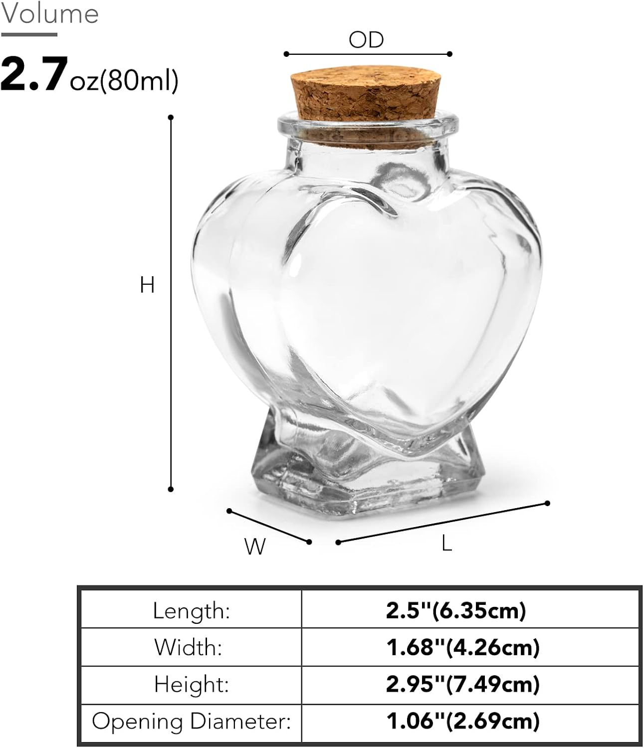 3pcs Heart Shaped Glass Favor Jars With Cork Lids, 2.7oz Cute Container, 2.5 X 1.68 X 2.95 Inch, Small Glass Bottles for DIY Art Crafts Projects Decoration Party Supplies Valentine's Day