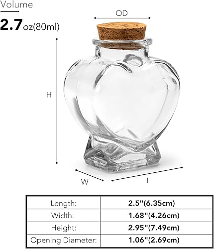 Miniatura 2 de 3 tarros de vidrio en forma de corazón con tapas de corcho, recipiente lindo de 2.7 onzas, 2.5 x 1.68 x 2.95 pulgadas, botellas de vidrio pequeñas