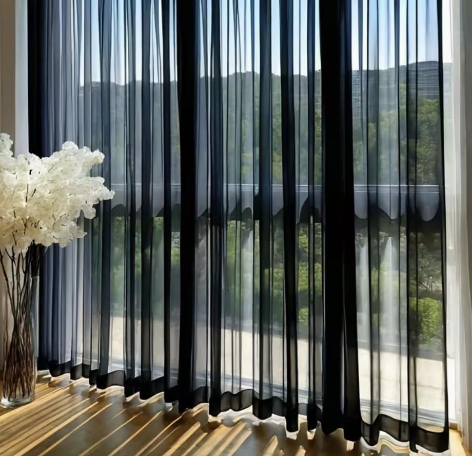 Megachest pure voile extra wide tape top sheer curtain (1 Panel) Iris-stripe black, W 116" x L 84" (1 Panel) — image 1