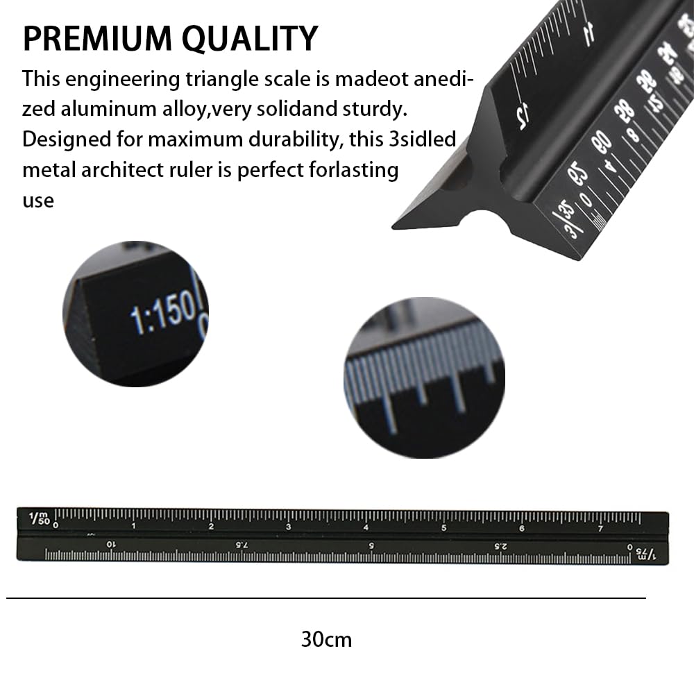Règle à échelle architecturale, règle triangulaire en aluminium de 30 cm pour architectes ingénieurs, 1:100, 1:200, 1:250, 1:300, 1:400, 1:500