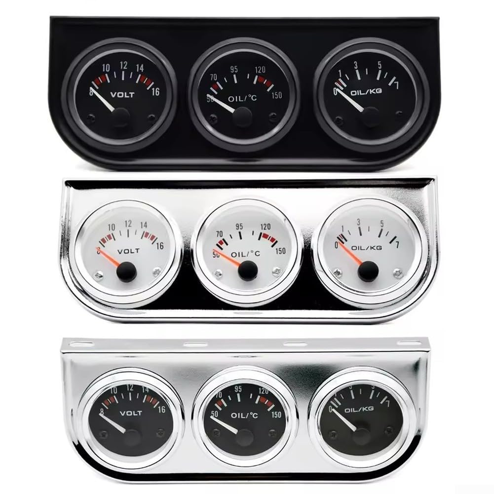 Triple jauge 12 V 52 mm pour tableau de bord de voiture, contrôle de la température d'huile, pression et tension de panneau automobile avec cadre chromé ou noir, installation facile (noir)