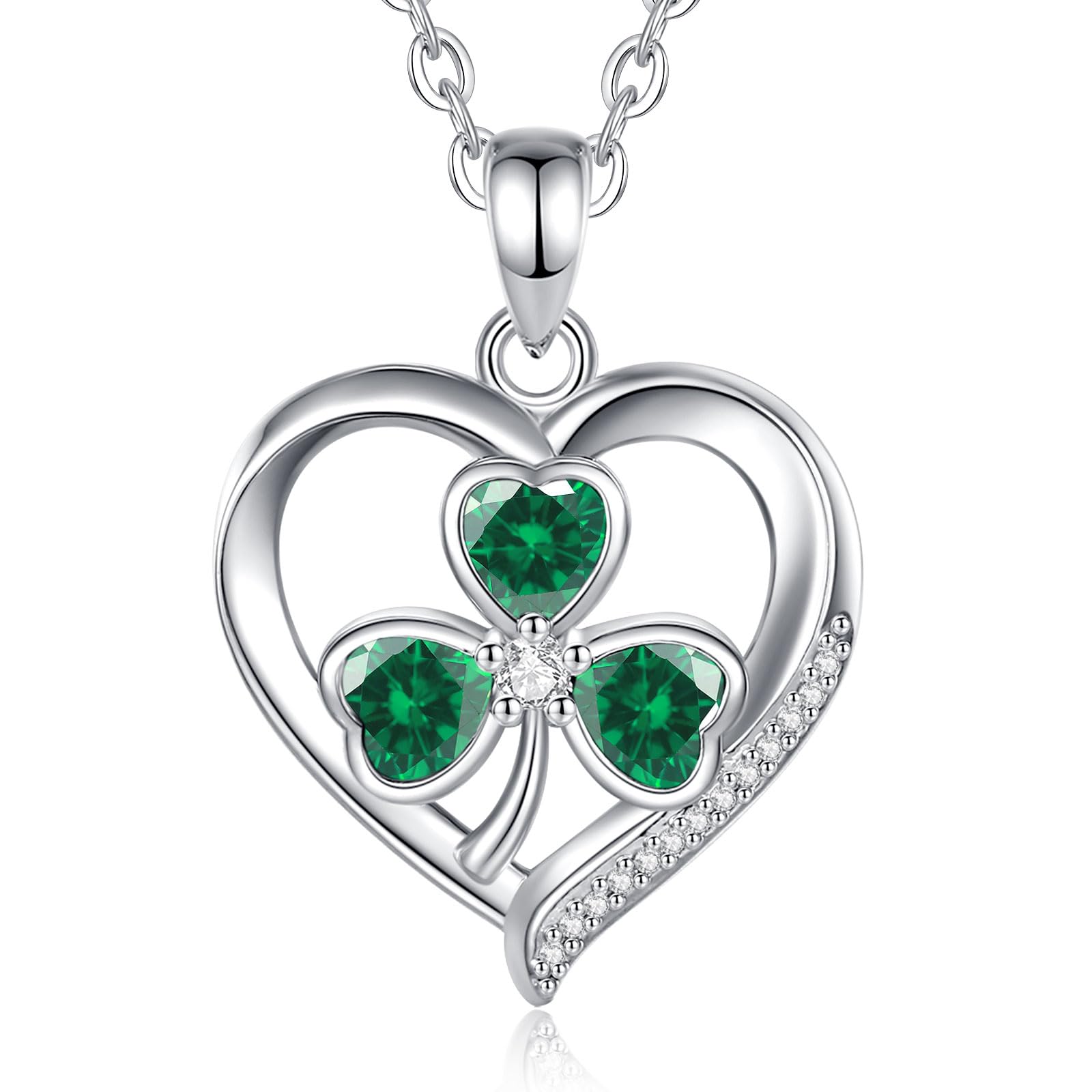 INFUSEU Collana con trifoglio irlandese gioielli da donna trifoglio verde cuore pietra zirconia ciondolo piccolo regalo buona fortuna catena in argento Sterling 45,7 cm