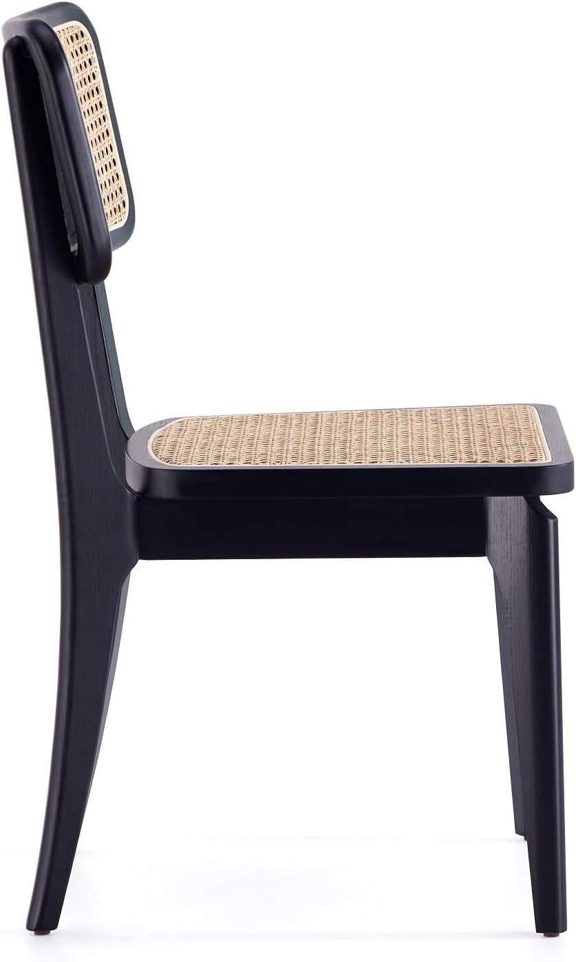 Manhattan Comfort Giverny Rattan Wicker Cane Side Outdoor Dining Chair for Dining Room, Patio, Restaurant, Bistro, Cafe and Pub in Black and Natural Cane - Set of 4