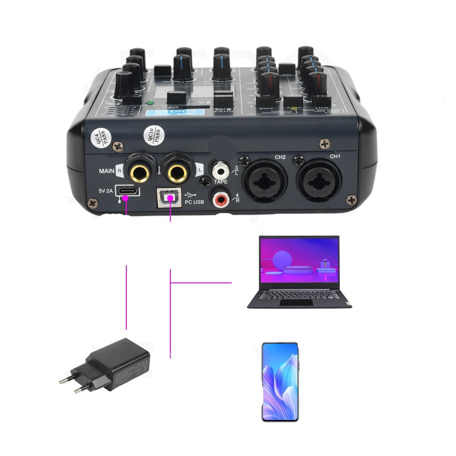 Controlador de DJ, Mezclador en vivo de 24 bits, 192 KHz, 99 efectos DSP, mini consola de mezcla Bluetooth con USB
