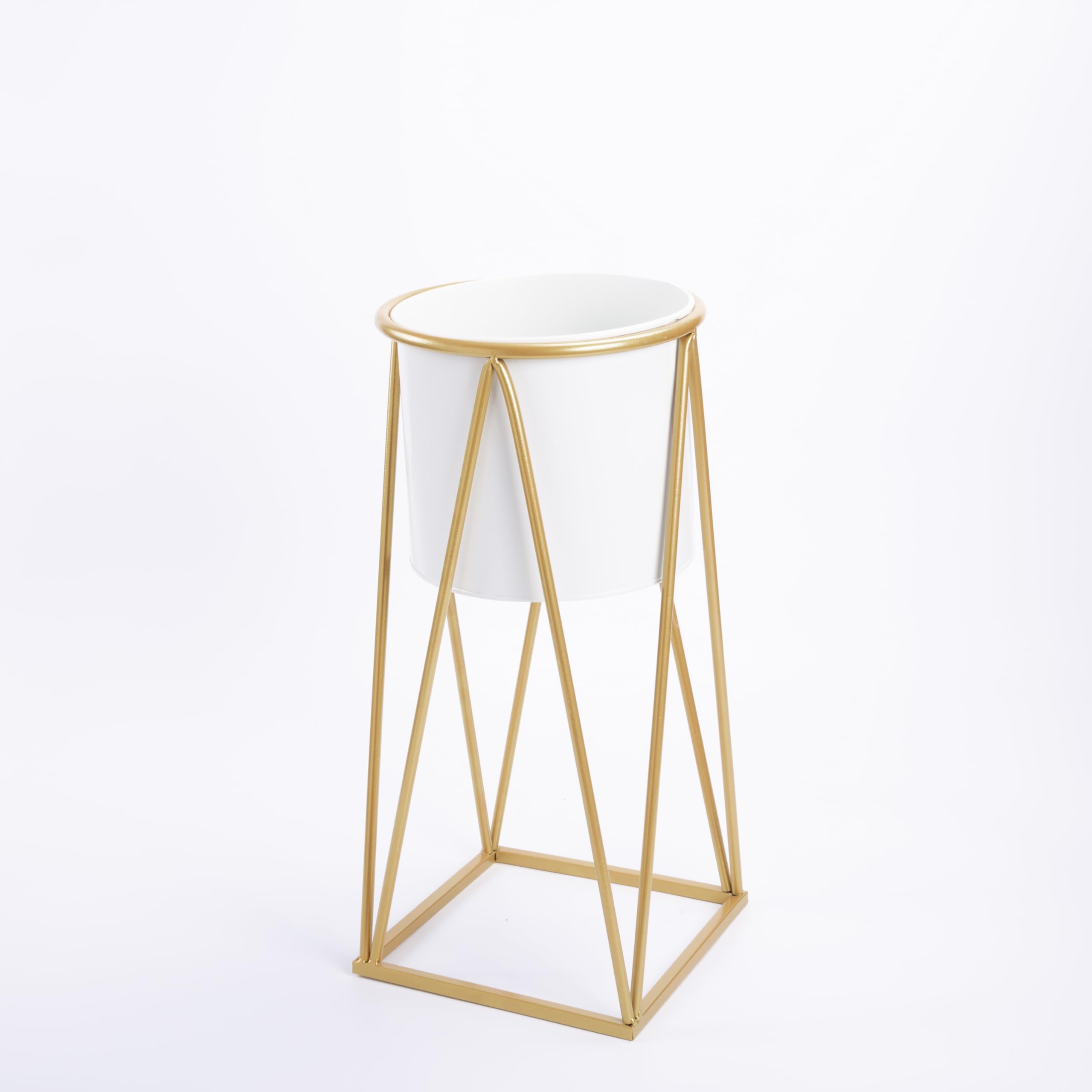 green leaves Metal Planter Stand with Plant Pot Flower Pot for Indoor Balcony Flower Rack (White, Medium)