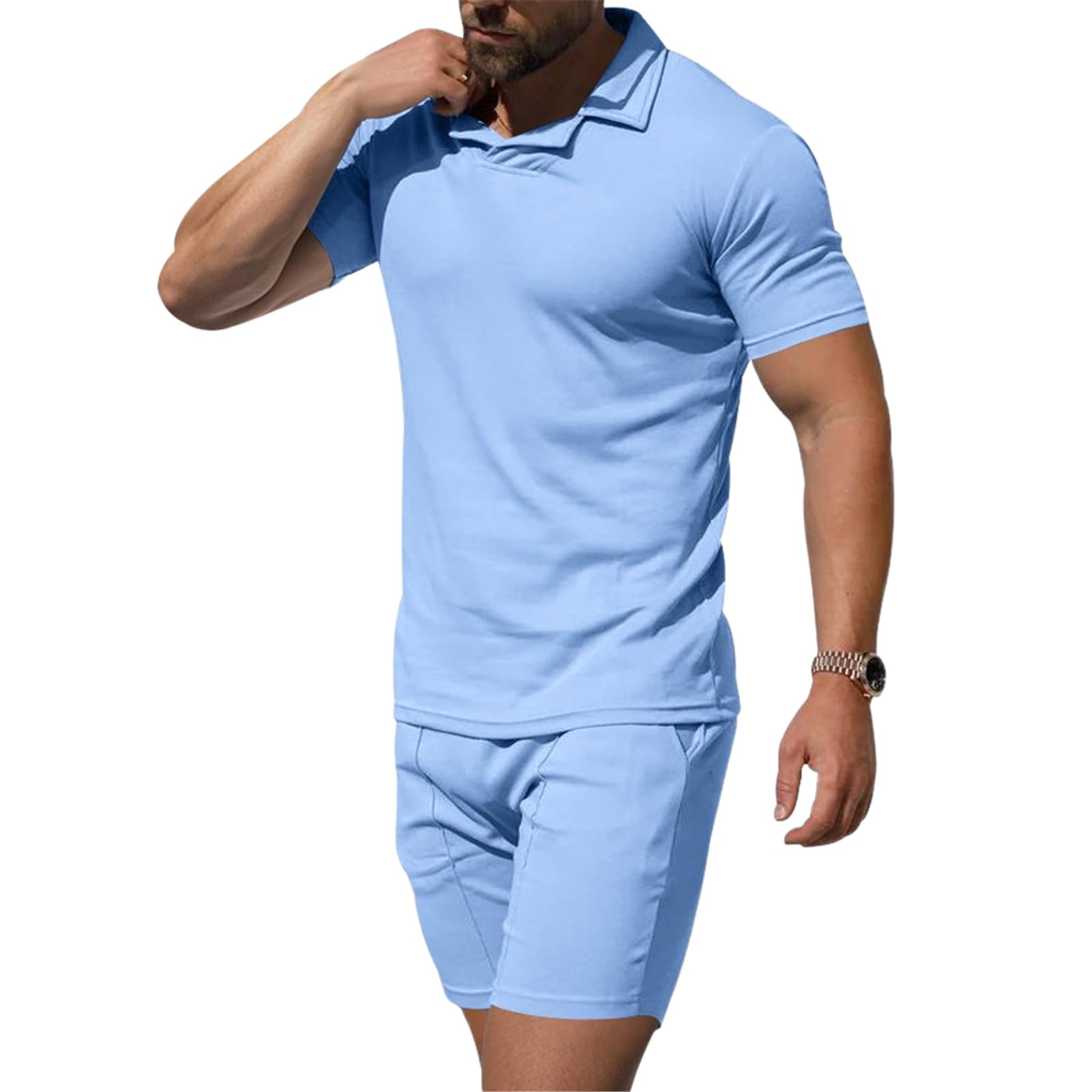 Męskie letnie spodenki z krótkim rękawem i szortami w stylu brytyjskim slim fit sportowe szybkoschnące 2-częściowy strój-jasnoniebieski01-L