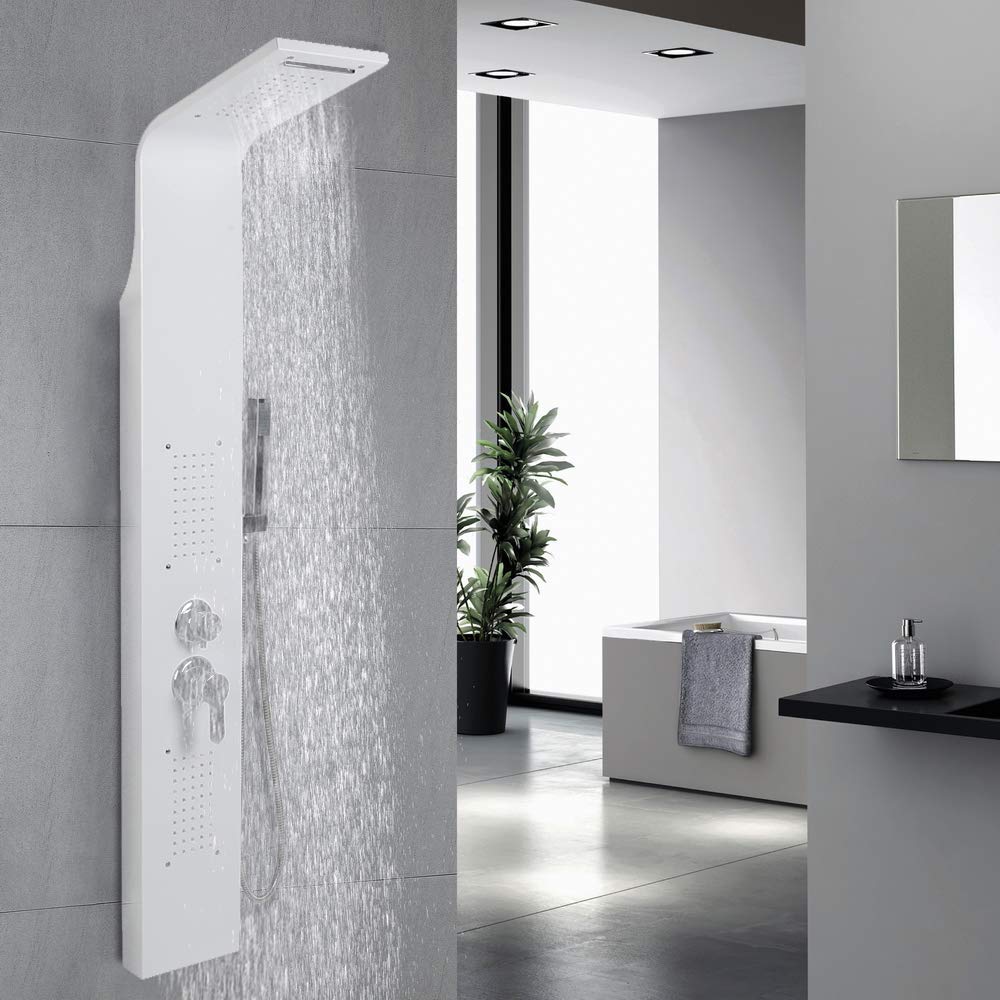 Columna de ducha hidromasaje panel de acero inoxidable 304 mezclador 5 funciones ducha spa baño altura: 140 cm – proceso de pulido (blanco)