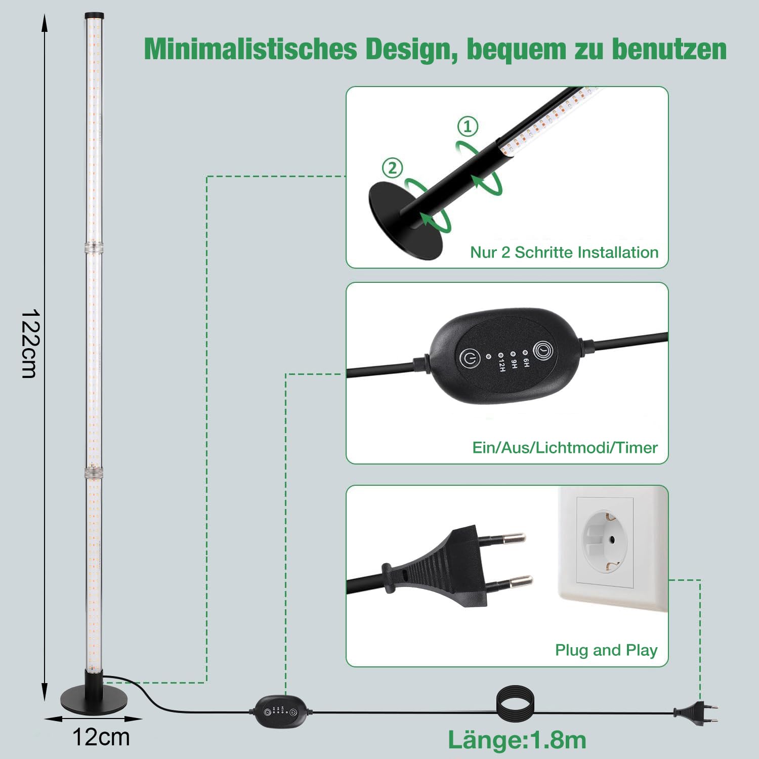 122 cm Pflanzenlampe LED Vollspektrum, 216 LEDs Grow Lampe mit Zeitschaltuhr 4/6/12 Std für Große Zimmerpflanzen, 3 Modi & 5 Dimmstufen Standleuchte mit Metallfuß, Pflanzenlicht für Indoor Anzucht