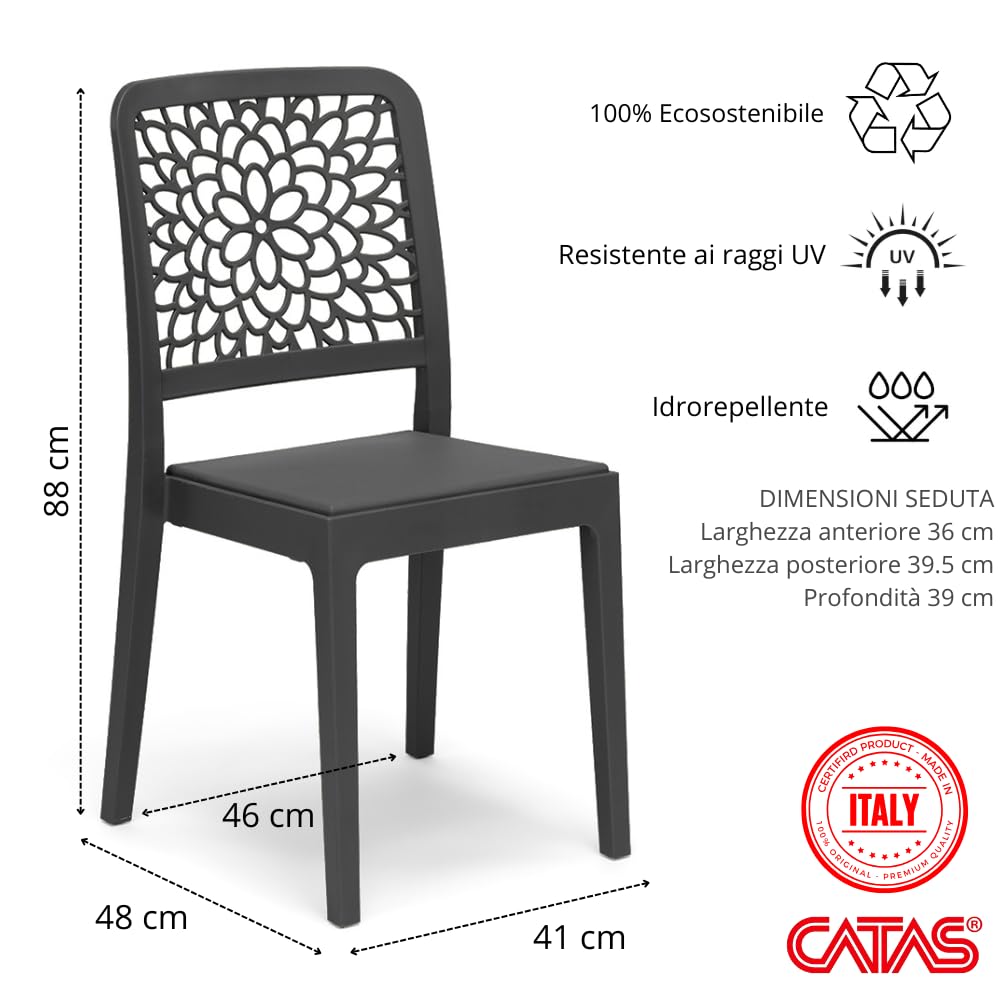 Set 6 sedie in polipropilene TICHE, MADE IN ITALY, impilabile, idrorepellente, resistenza raggi UV, design moderno floreale per sala da pranzo, cucina, bar, ristoranti, esterno (6, Antracite)