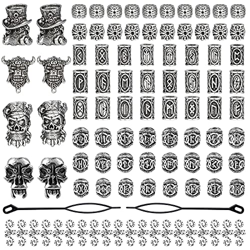 98 Pcs Viking Beard Runes Beads Antique Norse Hair Tube Beads Pirate Skull Dreadlocks Bead for Silver DIY Hair Jewelry Hair Braiding Bracelet Pendant Necklace Hair Clip Decoration
