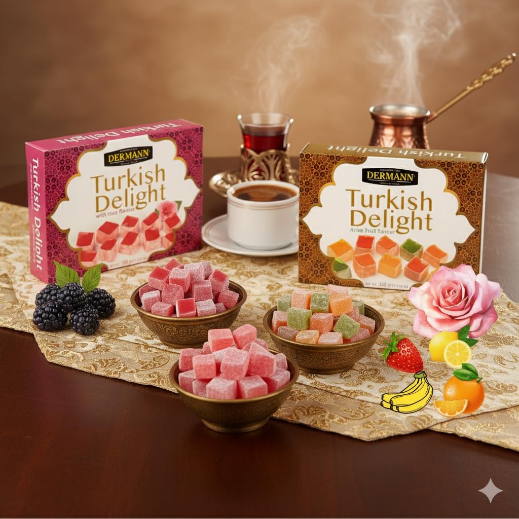 Delicias turcas 4x100g (Set de 4 Sabores: Rosa, Frutas, Frutos Secos y Granada) | Sin gluten | Confitería tradicional de lujo | Vegano, Halal, El Mejor Lokum Turco, Loukoumi