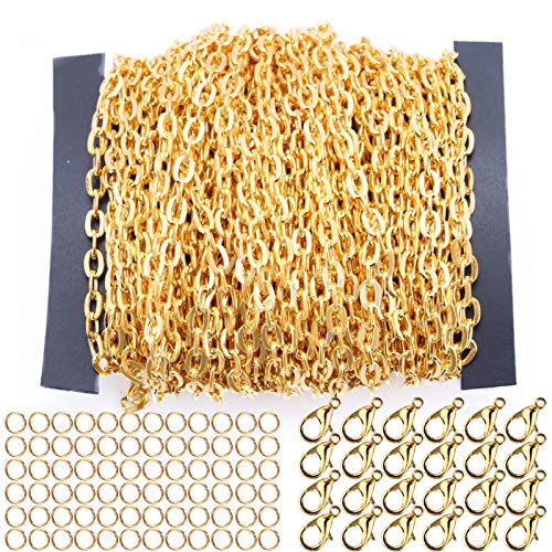 40FT Twisted Links Gold Curb Chains Flat Cross Metal Cable Chains with Lobster Clasps Jump Rings DIY Necklace Bracelet Jewelry Finding Chains Extender Chains Link Bulk for Jewelry Making Supplies