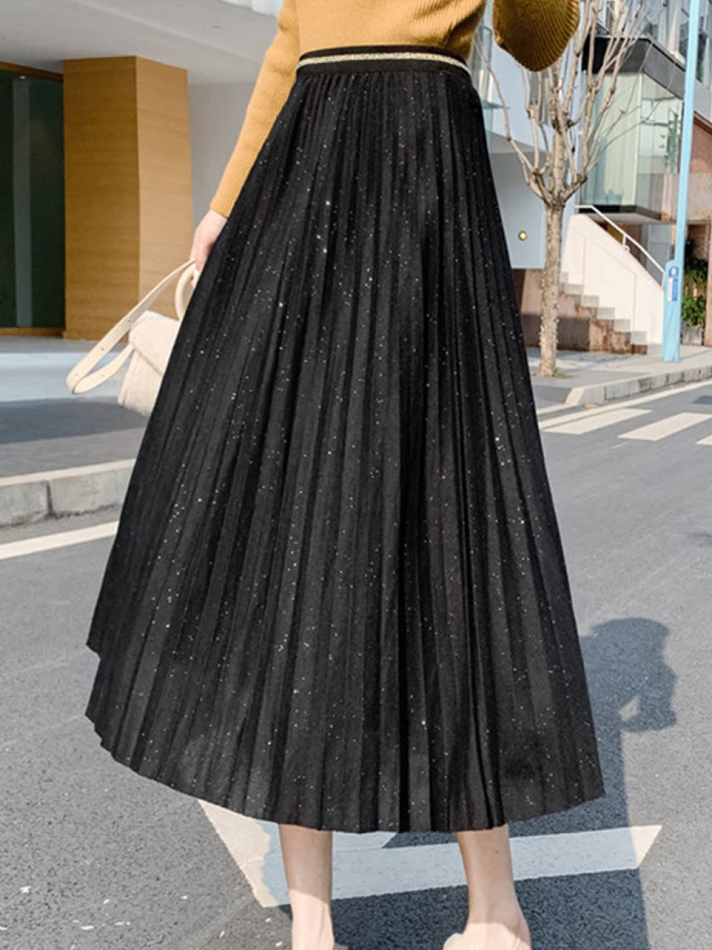 Faldas para Mujer Reino Unido,Falda De Invierno Negra Faldas Plisadas Elegantes para Mujer Cintura Elástica Midi Shinny Falda De Talle Alto De Una Línea Falda C(S)