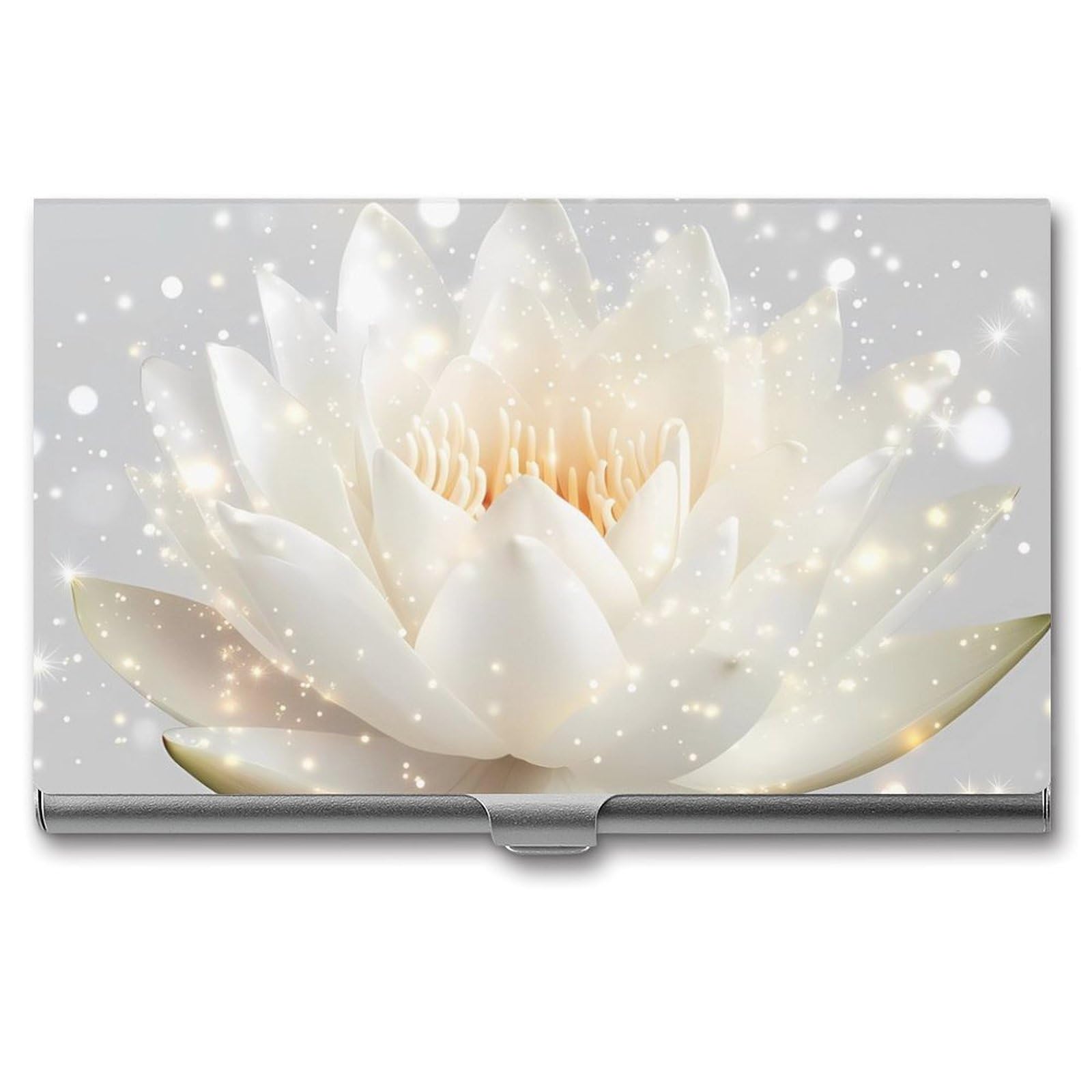 Sparkles Lotuss Flower Slim Business Card Holder Wallet for Men & Women Pocket Metal Case 3.7x2.2x0.3 Inches