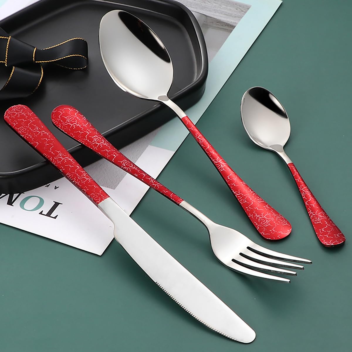 Silverware Set for 8 Flatware Set Include 32 Piece,Black Handle Food Grade Stainless Steel Cutlery Utensils Christmas Halloween Essentials Decorative Carved Pattern