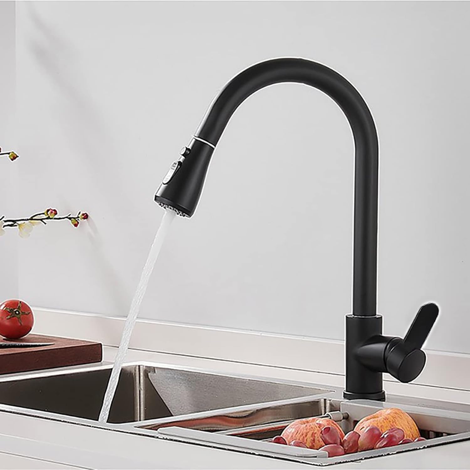 XWIHTR rubinetto da cucina estraibile a scomparsa, rubinetto da cucina girevole a 360°, miscelatore da cucina in acciaio inox a 3 modalità, rubinetto per lavello da cucina (nero - testa grande)