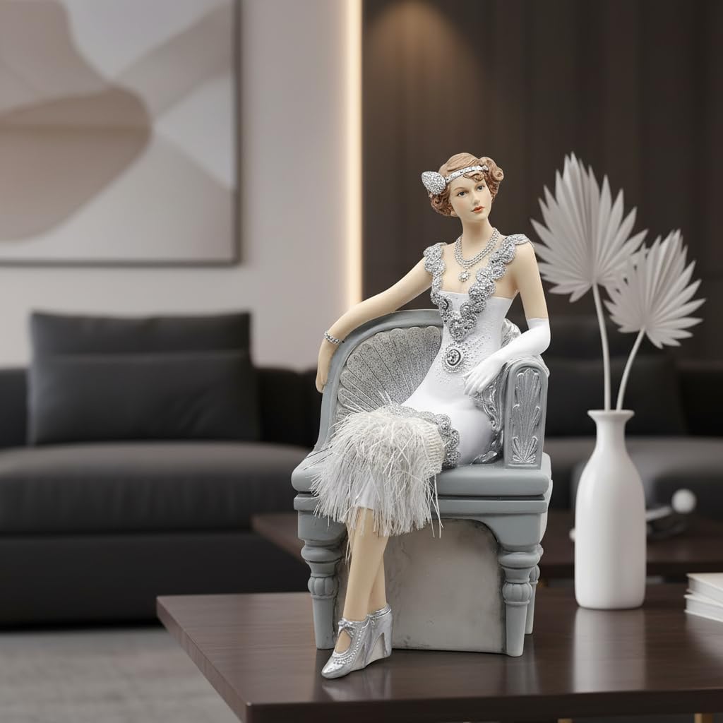 Comfy Hour 9.5" White Fringe Dress Resin Art Deco Lady Figurine, Roaring 20s Elegant Woman Statue Sitting on Chair, Antique Vintage Home Decor Accent