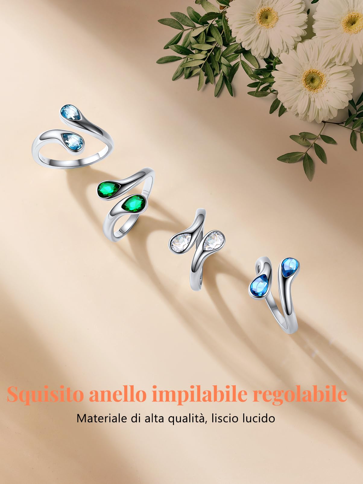 Silvora Anelli Donna Argento 925 in Oro Bianco, Anelli Regolabili con 12 Mesi Pietra di Nascita Portafortuna, Fedina Anello Argento Donna a Goccia, Idee Regalo per Ragazza Fidanzata Anniversario