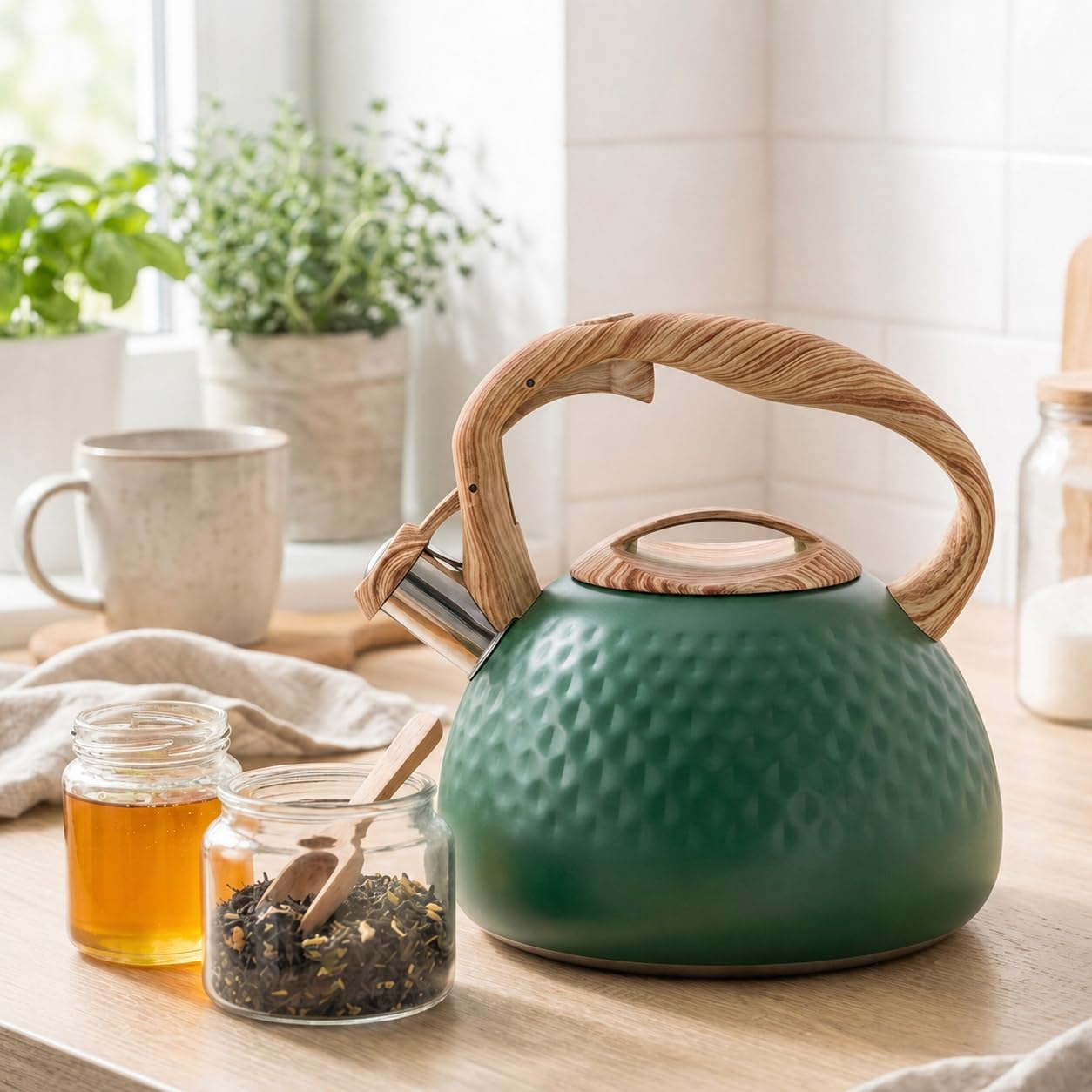 3L Whistling Kettle for Stove Top with Wood Grain Handle, Green โ image 1