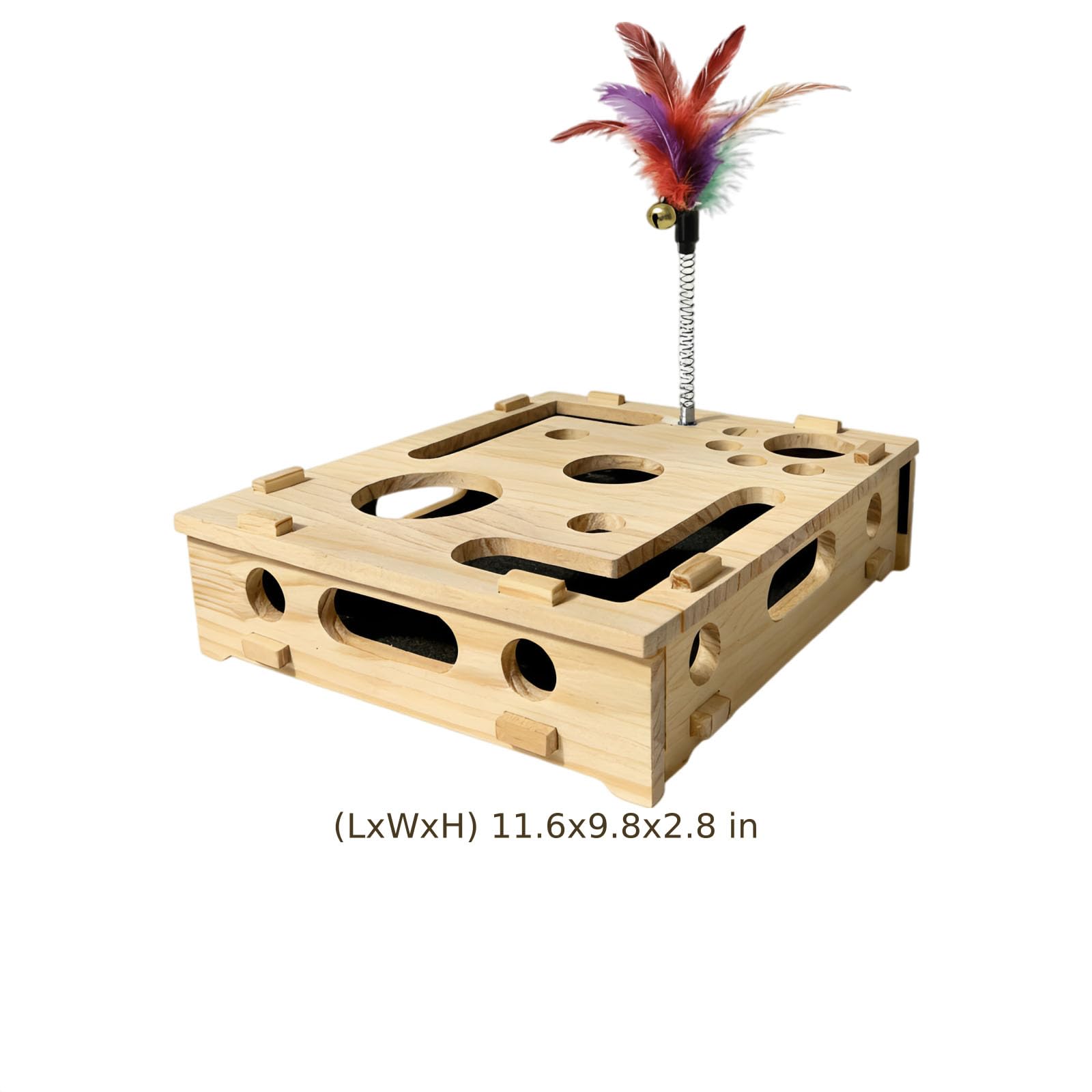Katzenspielzeugkiste aus Holz, Labyrinth-Design, Kratzpuzzle & Anreicherung, Teaser Stick & 3 Rasselbälle, Seitenlöcher für interaktives Spielen, reduziert Langeweile, Pfotenmassage, 29,5 x