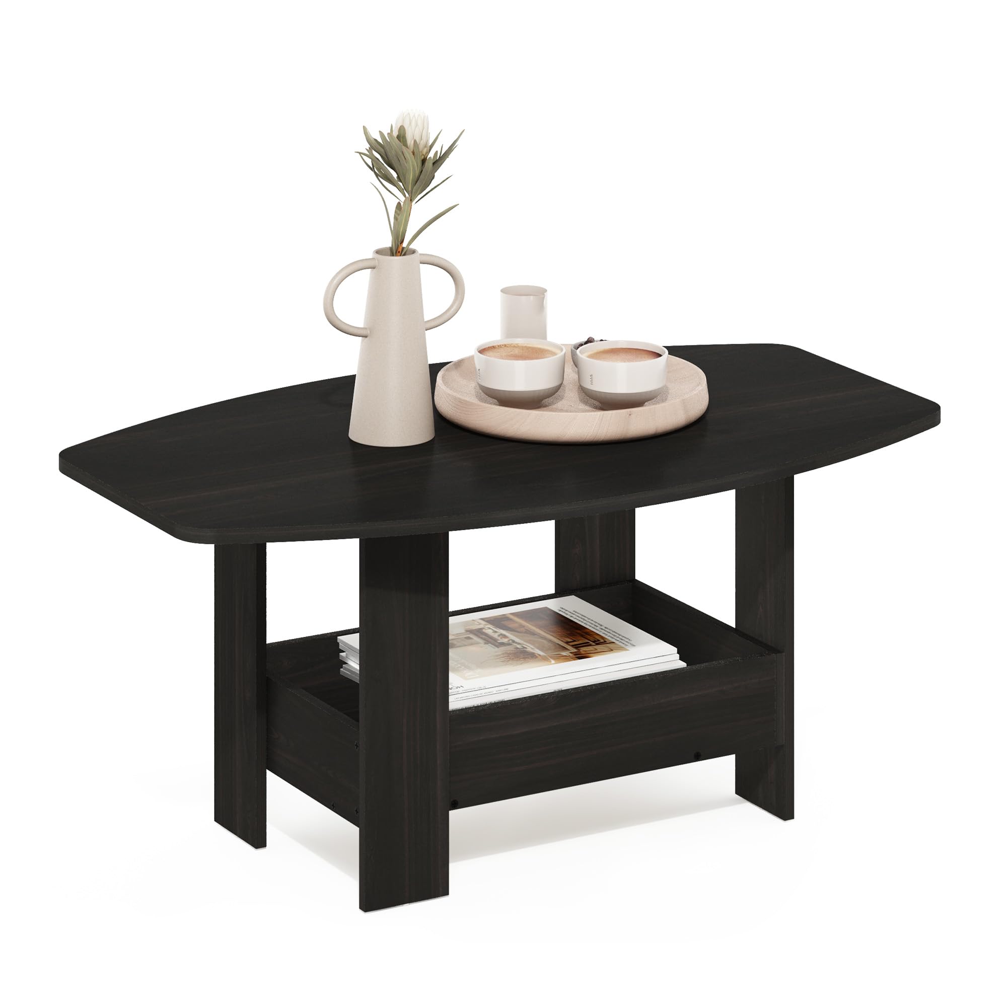 Furinno Simple Design Mesa de Centro de 2 Niveles con Estante Inferior; Mesa Auxiliar esquinera Redonda; para Sala, Dormitorio u Oficina en casa; Color Espresso