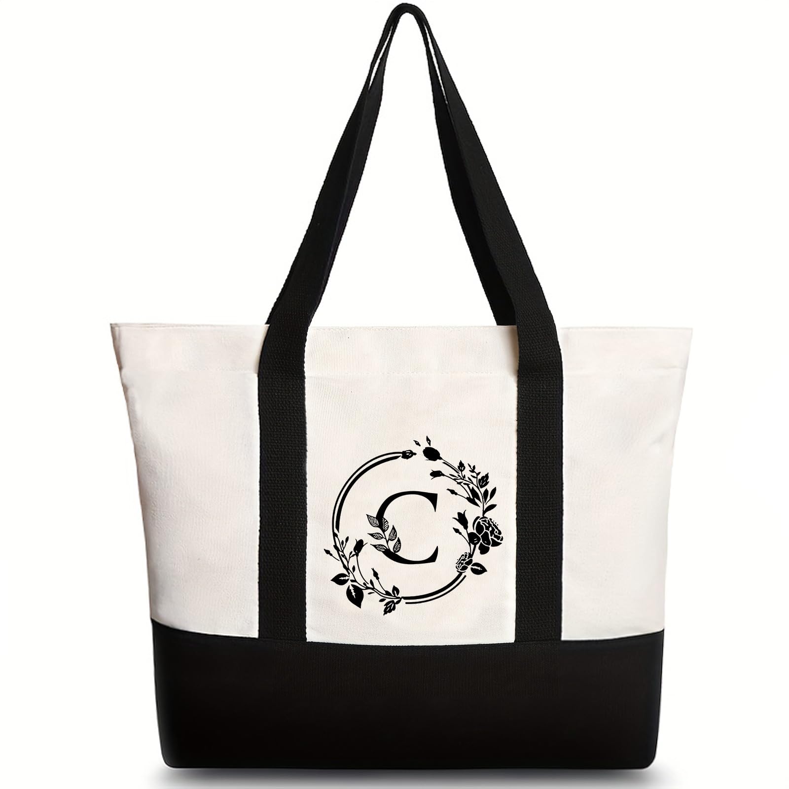 soulnioi Embroidery Initial Canvas Tote Bag, Personalized Floral Letters Printed Bag for Women/Men