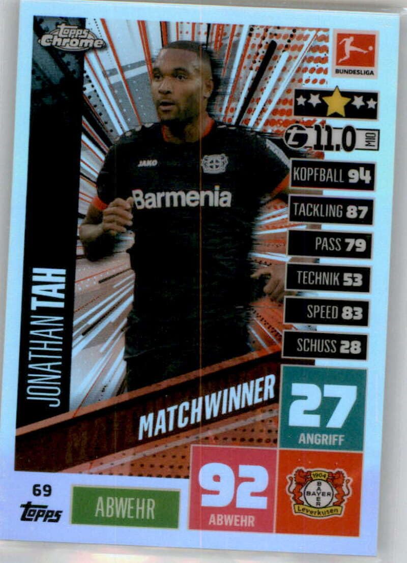 2020-21 Topps Chrome Match Attax Bundesliga Refractor #69 Jonathan Tah Bayer 04 Leverkusen Matchwinner Official German Football Card in Raw (NM or Better) Condition