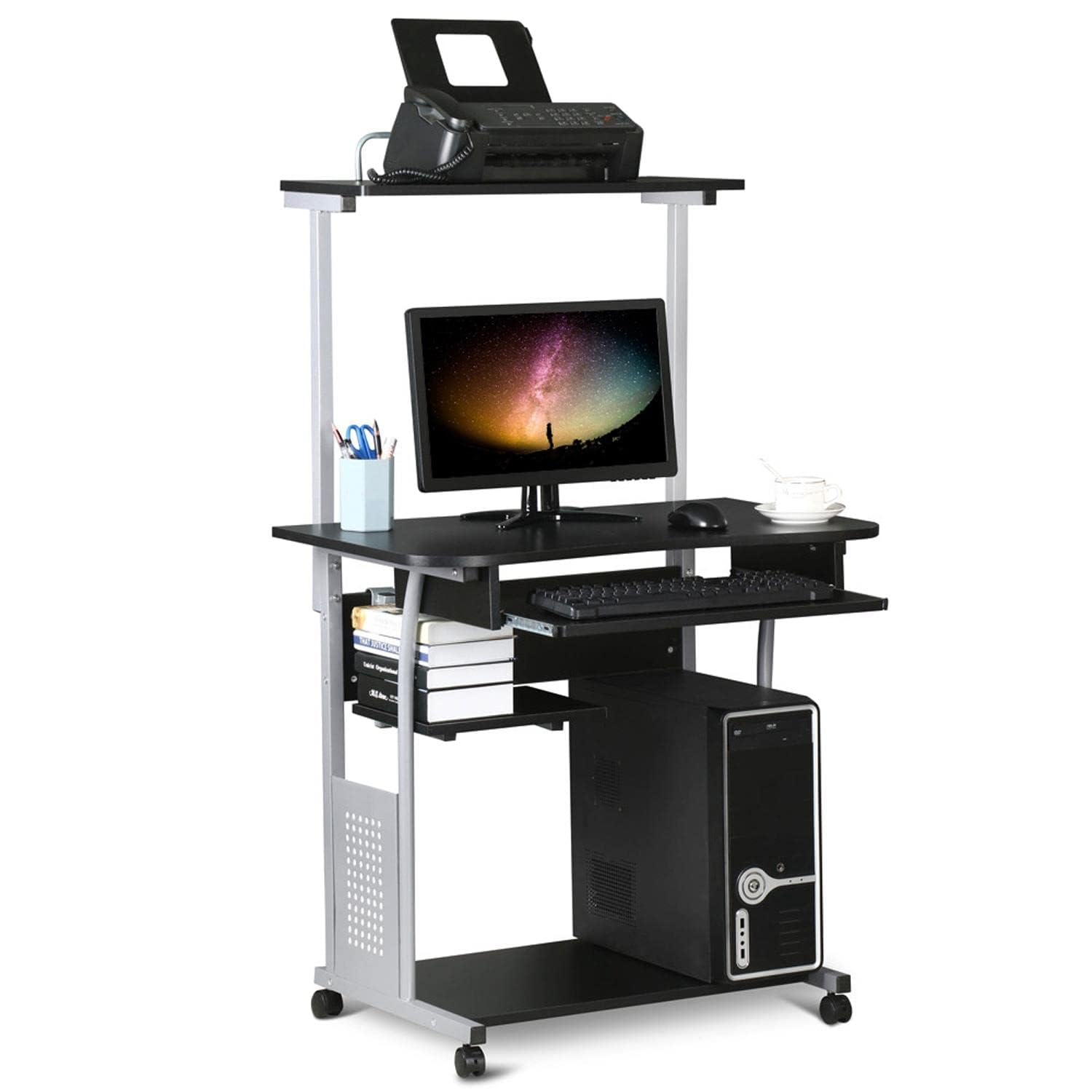 Yaheetech Mesa de Ordenador con Ruedas 80x50x132cm Mesa de Trabajo Móvil Escritorio con Estantería Bandeja para Teclado para Estudio Casa Oficina Negro