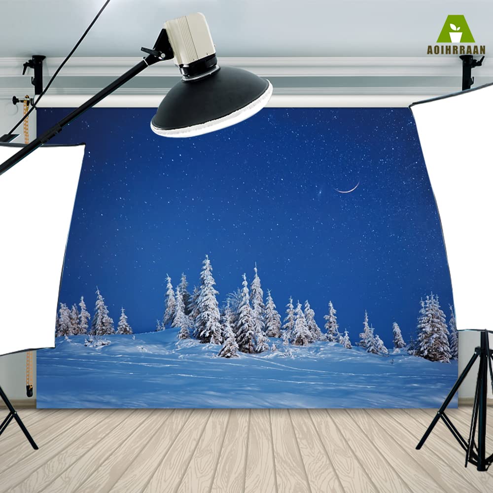 Aoihrraan 2,2x1,5m Winter Forest Backdrop Snowfield Snow Covered Fir Pine Tree Forest Cold Frost Starry Sky Natural Scenery Photography Background Baby Shower Girl Boy Kids Portrait Photo Studio Props - Image 4