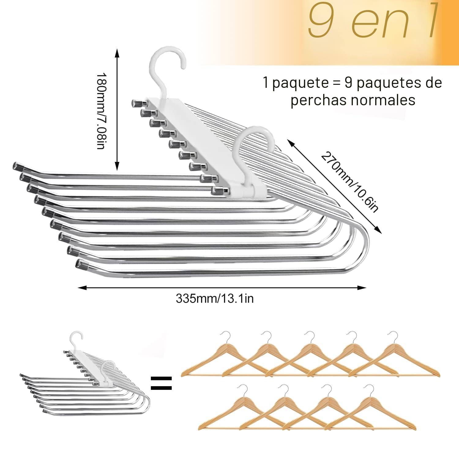 Ronronner Perchas Pantalones | Juego de 2 Perchas Ahorra Espacio con 9 Ganchos | Organizador de Armario para Pantalones, Faldas, Corbatas y Ropa | Percha Pantalón Plegable para Almacenamiento