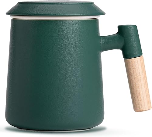 Miniatura 1 de DUMVOIN Taza de té con infusor y tapa, taza con colador, mango de madera, taza de té de hojas sueltas, 15 onzas, colador de cerámica, taza con