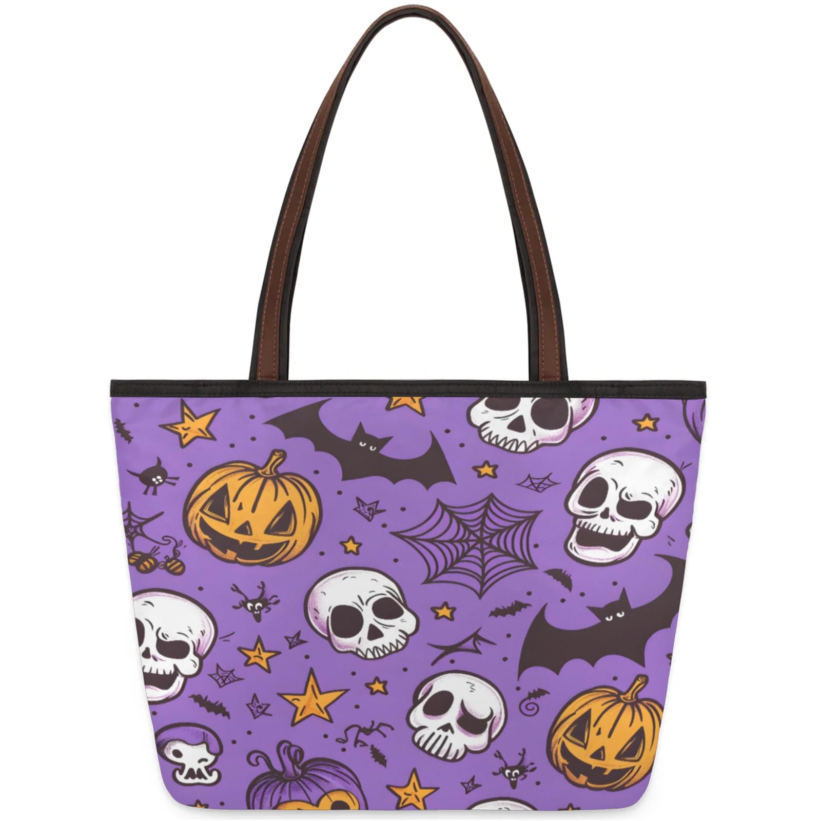 Skull Pumpkin Bat Tote Bag Multi Pocket Zippered Beach Bag Lightweight Waterproof Handbag for Women Men Work Gym Travel Swimming Yoga Grocery Shopping M