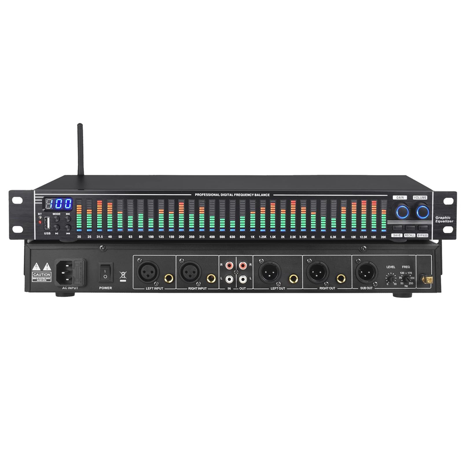 Equalizzatore Grafico Stereo a 31 Bande, Equalizzatore Audio Digitale, con Display a Spettro LED, 10 Effetti Preimpostati, Riduzione del Rumore, Regolazione Bassi/Medi/Alti