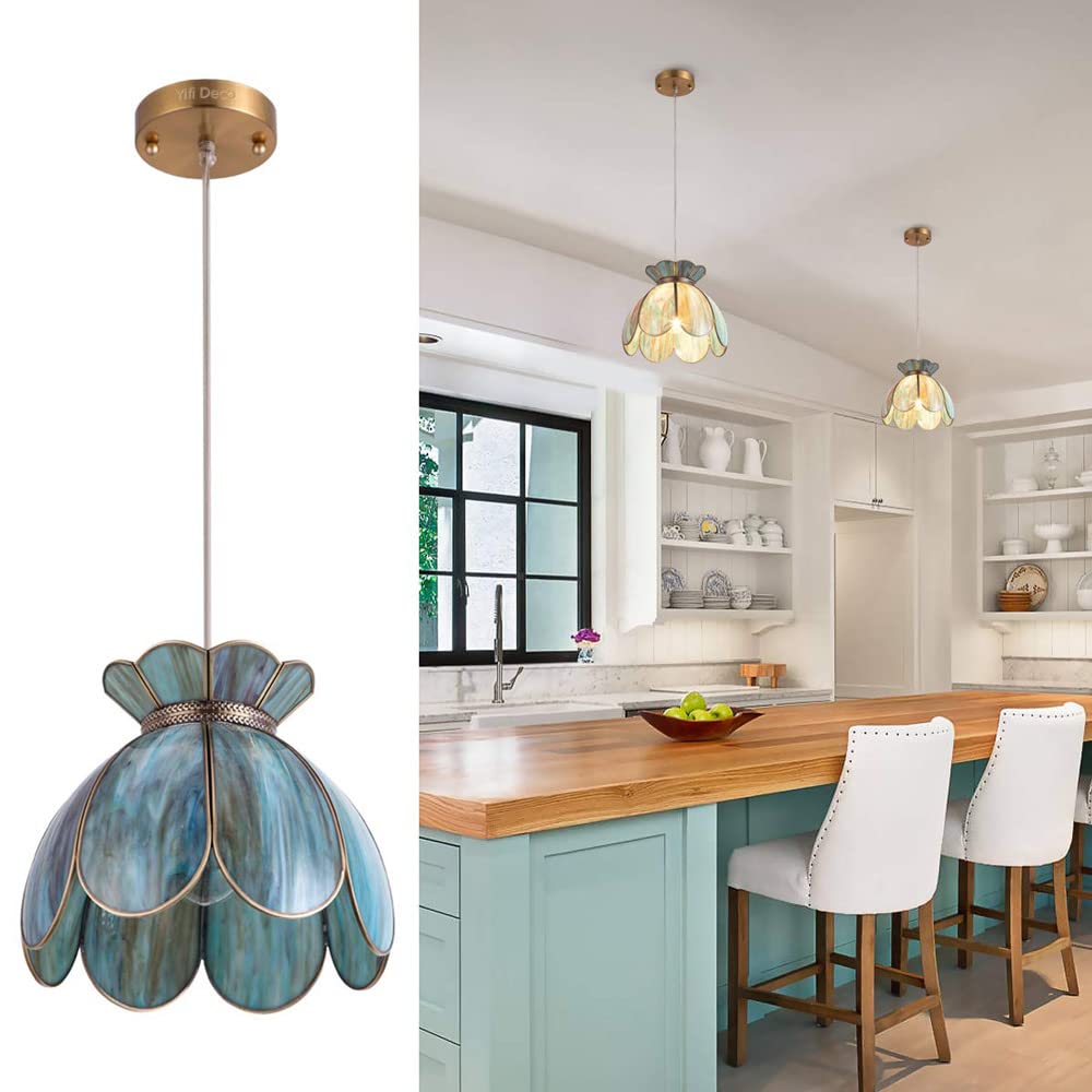 FAZRPIP Blue Lotus Pendant Light Fixture With Glass Lantern Mid Century Bronze Glass Chandelier 1-light Fixture Single Head Hanging Lamp For For Bathroom Kitchen Island Restaurant