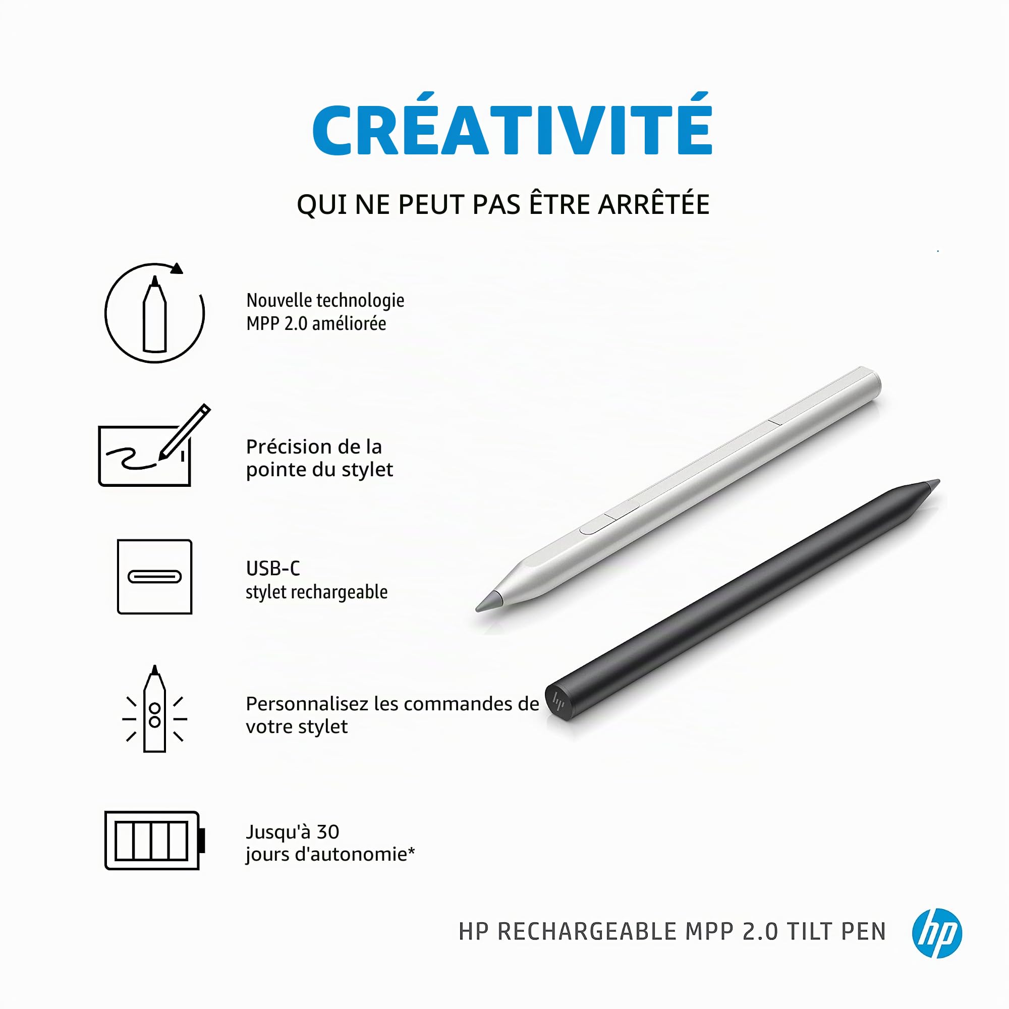 HP Stylo MPP 2.0 Rechargeable inclinable pour appareils à écran Tactile • Design Personnalisable et Compact avec Corps magnétique • Garantie limitée d'un an • Noir (3J122AA)