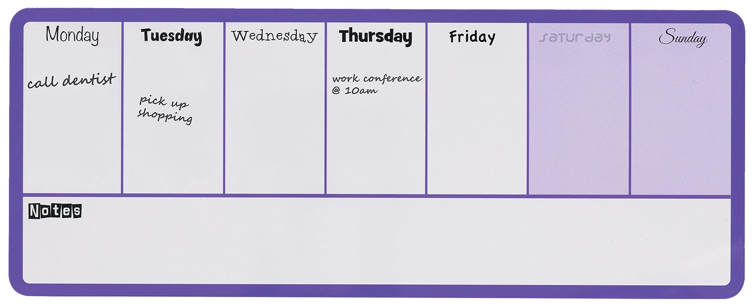 Rexel Weekly Organiser Dry Wipe Personal Whiteboard, Magnetic, 360 x 140 mm, Purple Plastic Frame, Includes Marker and Fitting Kit, White, 1904048