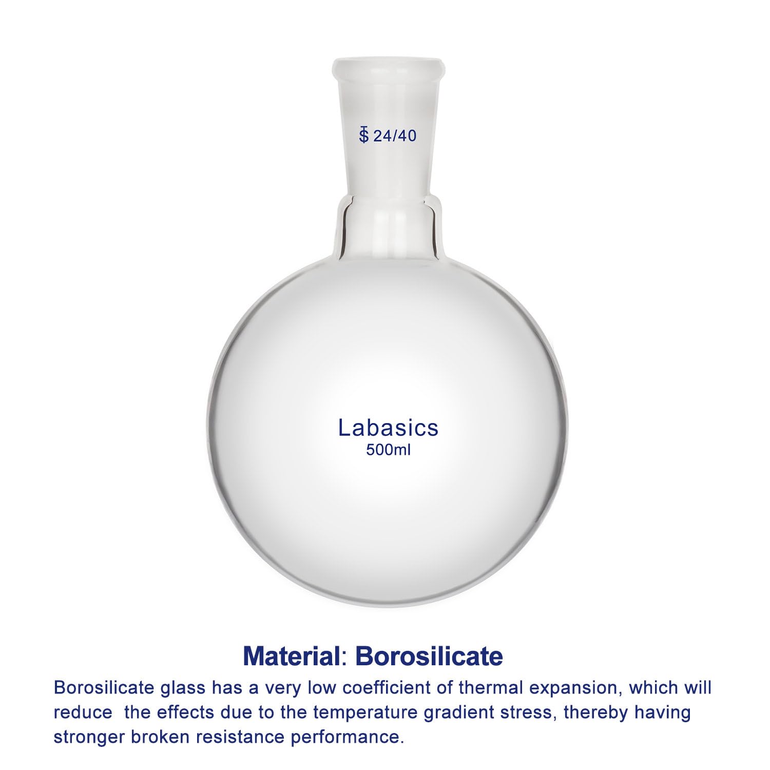 Labasics Matraz de Fondo Redondo de Vidrio, Matraz de Vidrio de Borosilicato de Pared Gruesa, Cuello Corto, Fondo Redondo, Boca Única, con Junta Exterior de Cono Estándar 24/40, 500 ml