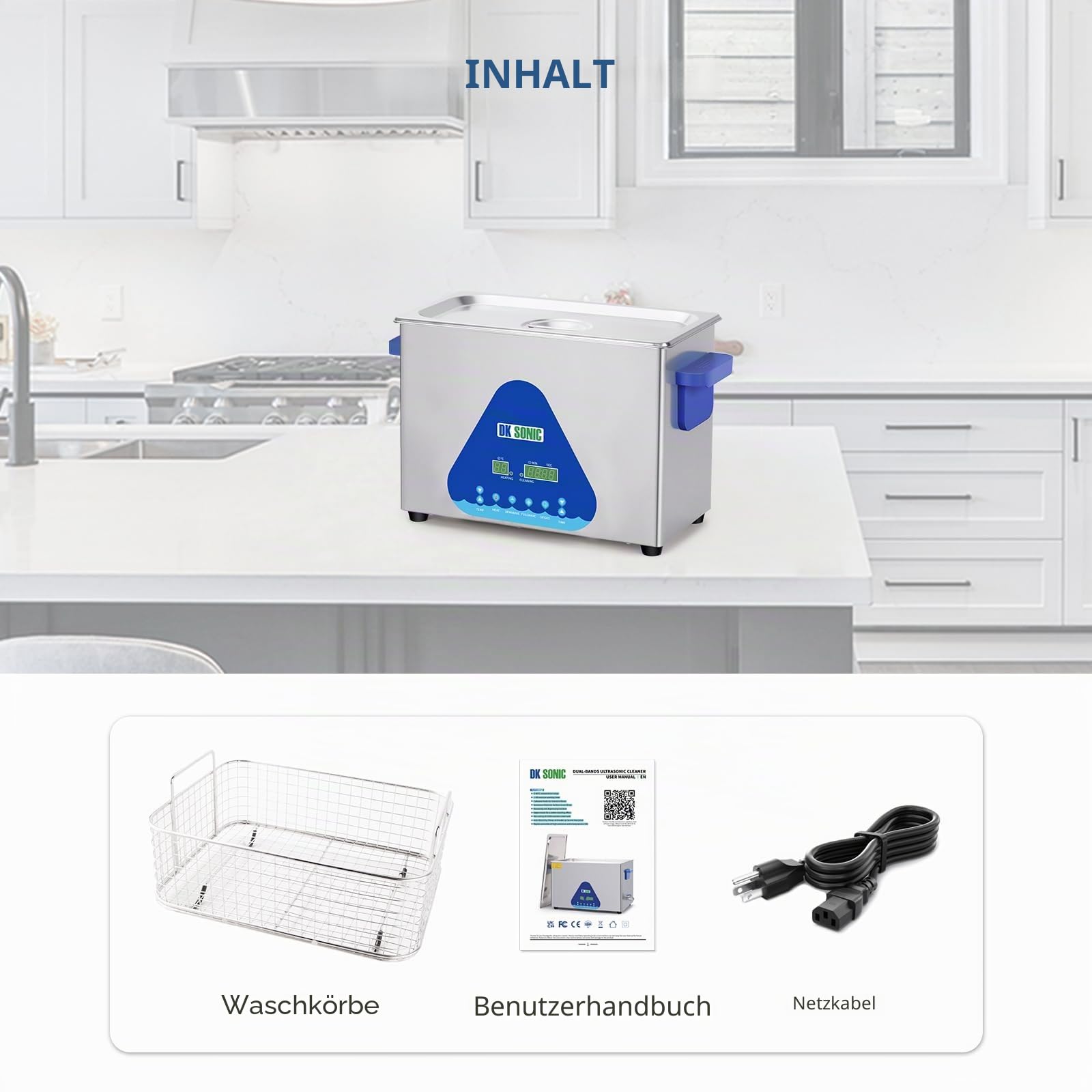 DK SONIC Ultraschallreiniger 4L, 120W Professioneller Ultraschallreinigungsgerät mit Heizung und Timer, Digitaler Steuerung und Korb, Mehrere Funktionen für Schmuck, Brillen, Ketten, Uhren
