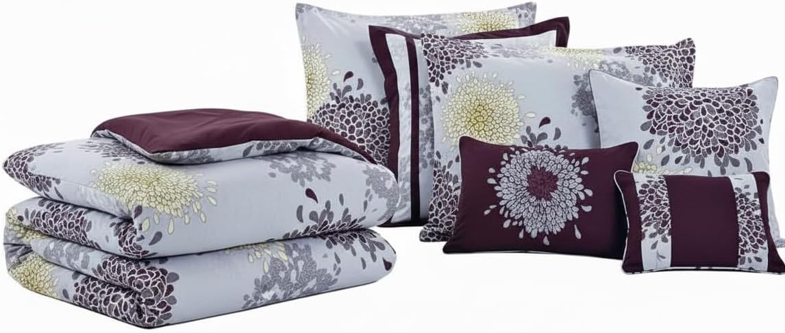 sheetsnthings 8PC Full/Queen Size Duvet Bedding Set- Medium Weight Down Alternative Comforter with Cotton Fifi Duvet Cover, Shams and Decorative Pillows, Purple