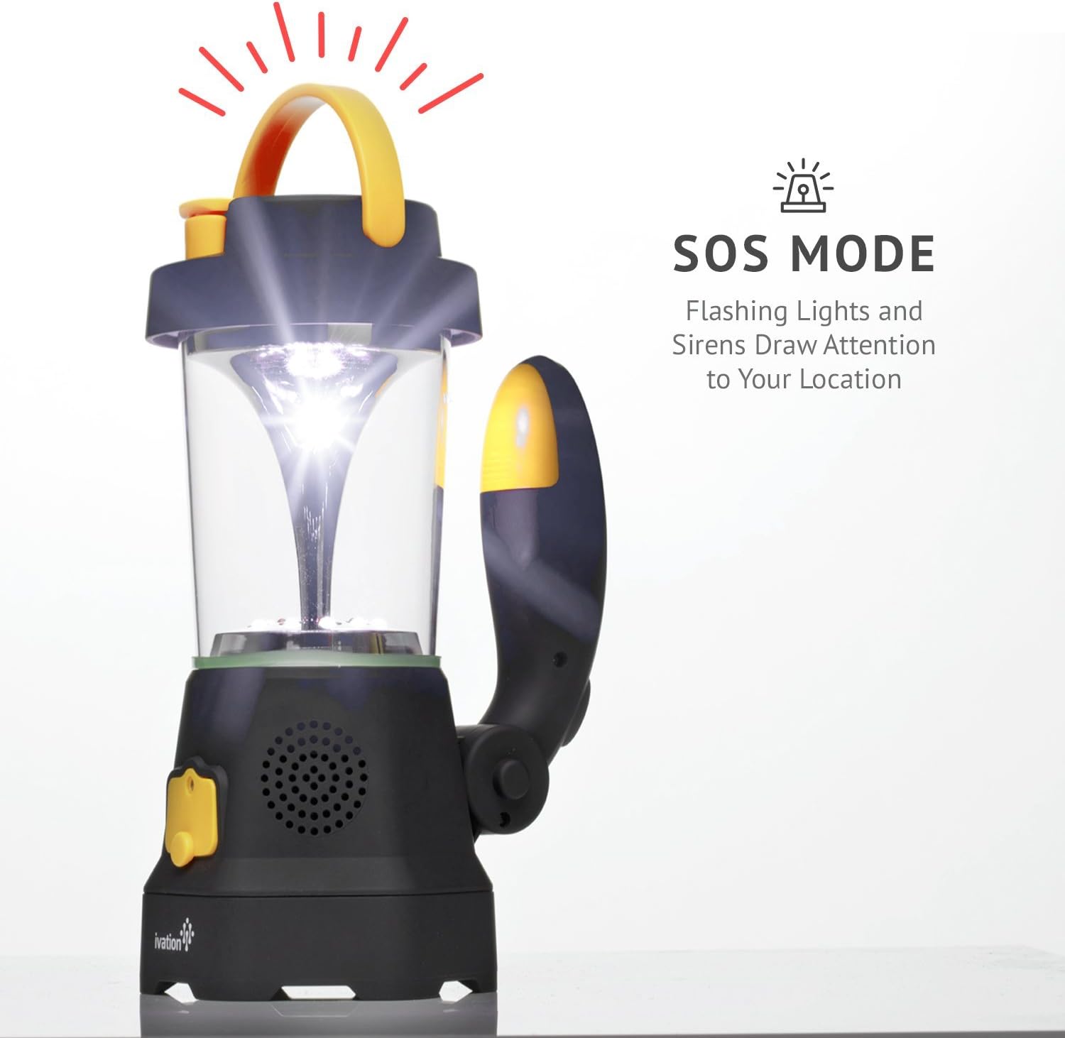 Ivation Hand Crank LED Camping Lantern with Flashlight, SOS Siren & Light, AM/FM Radio & Emergency Mobile Device Charger