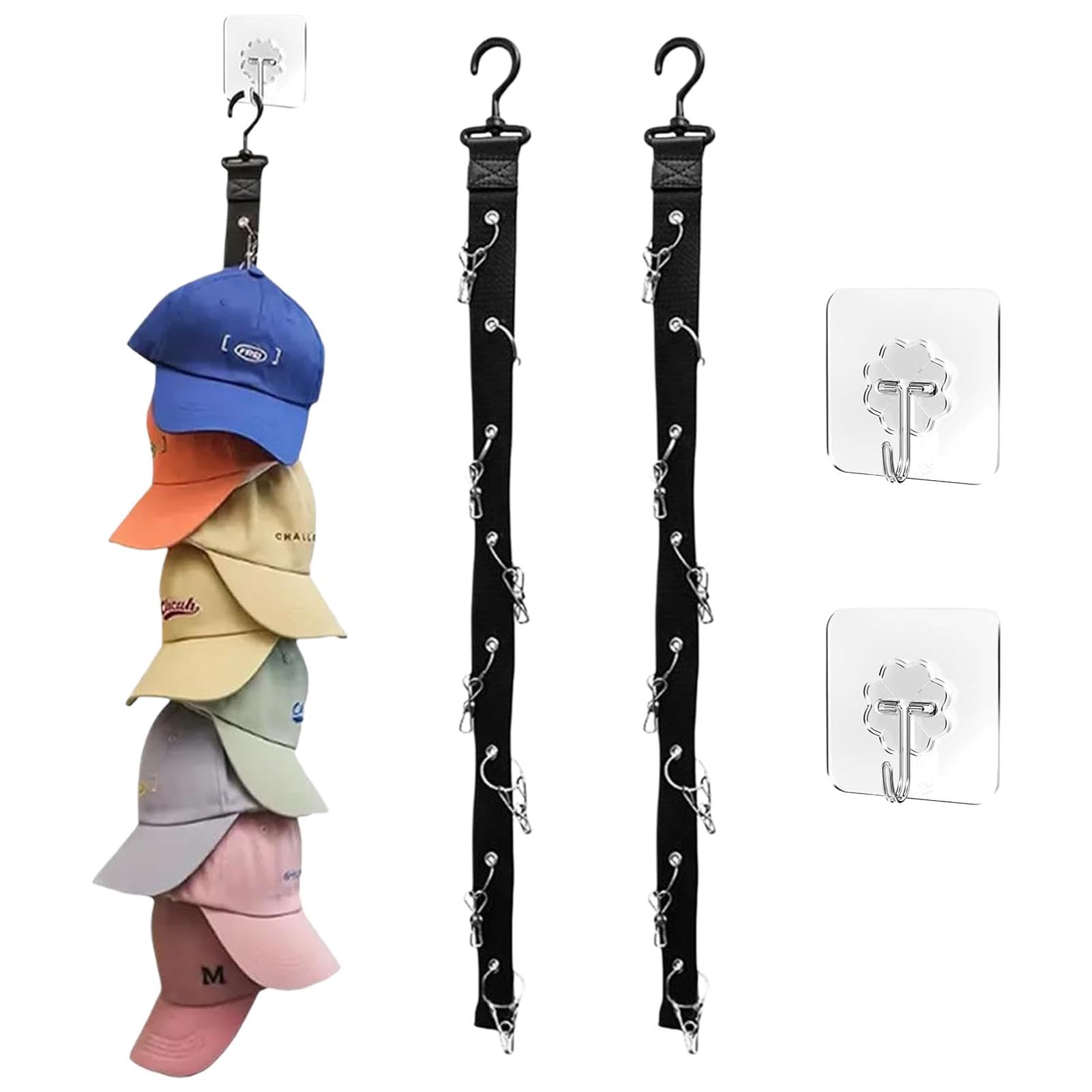 Ulvironte 2 Pieces Hat Storage, Hat Rack for Wall, Baseball Cap Storage with 16 Stainless Steel Clips and 2 Self Adhesive Hooks, Practical Hats Rack for Door Closet Hats Storage Display (Black)