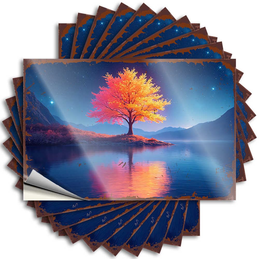 Funny Sticker Cute | Funky Case Magical Night Sky Reflecting in Serene Lake with Vibrant Tree for Indoor(6X9CM)