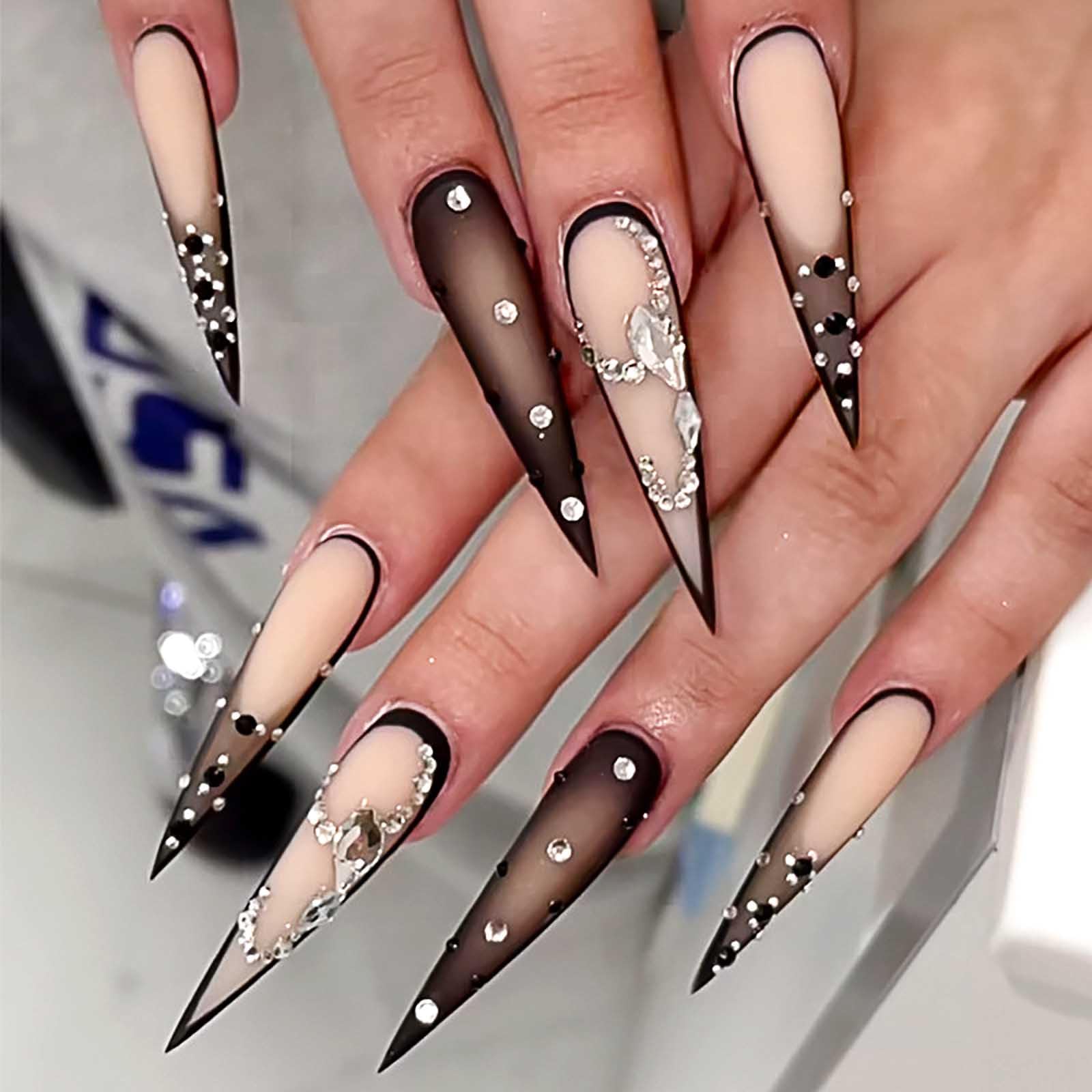 Elegant Black Rhinestone Stiletto Nails for Timeless Glamour
