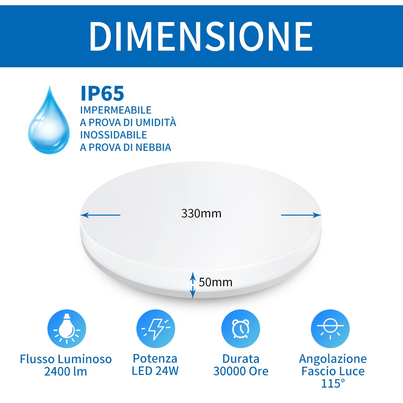 ANWIO Plafoniera LED Impermeabile Rotonda 24W 2400LM Luce Bianca Naturale 4000K Lampada LED Soffitto IP65 Resistente Ad Acqua e Polvere Adatta Per Bagno Cucina Gazebo Balcone Dimensione φ330*50mm